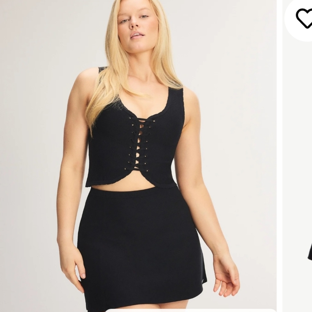 Savage X Fenty Black Lace-Up Knit Vest & Mini Skirt Set – Size S (NWT)